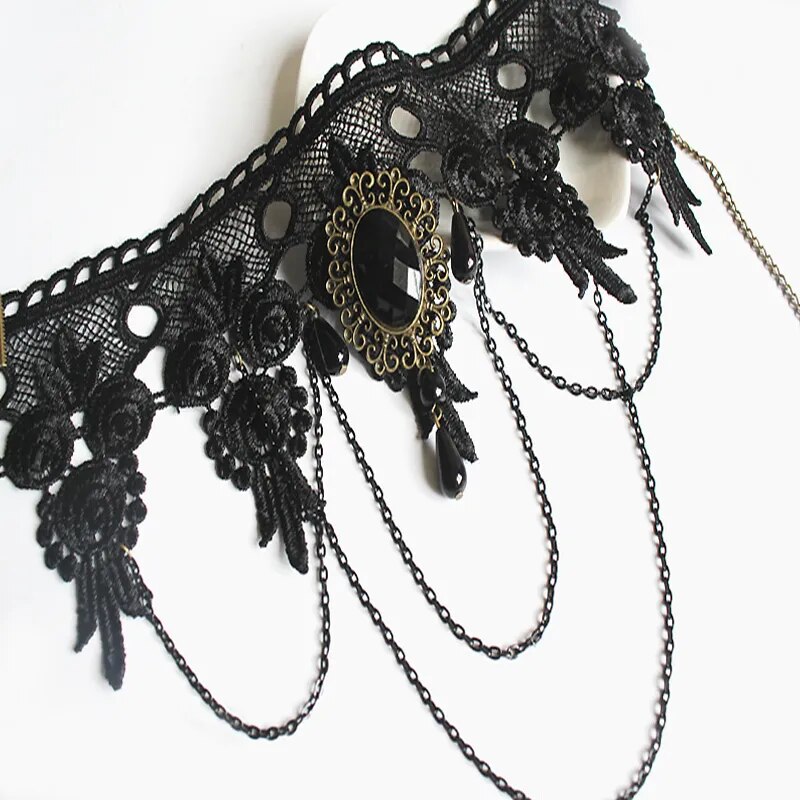 Gothic Victorian Black Lace Necklace Women Girl Boho Crystal Tassel Sexy Lace Choker Steampunk 3939