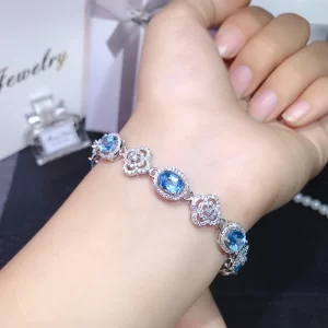 USPS Dropshipping Natural Blue Topaz Bracelet for Women, Large Gemstone Precious Stone Jewelry, Authentic 925 Sterling Silver